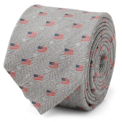 Light Gray Herringbone American Flag Men's Tie