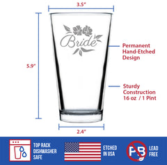 Bride Pint Glass - Unique Wedding Gift for Bride - Cute Engraved Wedding Cup Gift