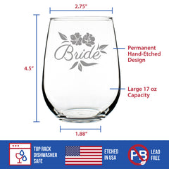 Bride Stemless Wine Glass - Unique Wedding Gift for Bride - Cute Engraved Wedding Cup Gift
