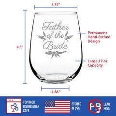 Father of the Bride Stemless Wine Glass - Unique Wedding Gift for Soon to be Father-in-Law - Cute Engraved Wedding Cup Gift