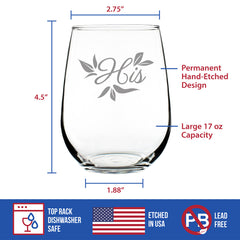His Stemless Wine Glass - Unique Wedding Gift for Groom - Engraved Wedding Cup Gift