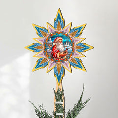 Santa with Cardinal Star Tree Topper Wooden Decor by G. Debrekht - Santa Snowman Decor - 89507