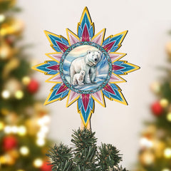Polar Bear with Cub Star Tree Topper Wooden Decor by G. Debrekht - Wildlife Holiday Decor - 89509